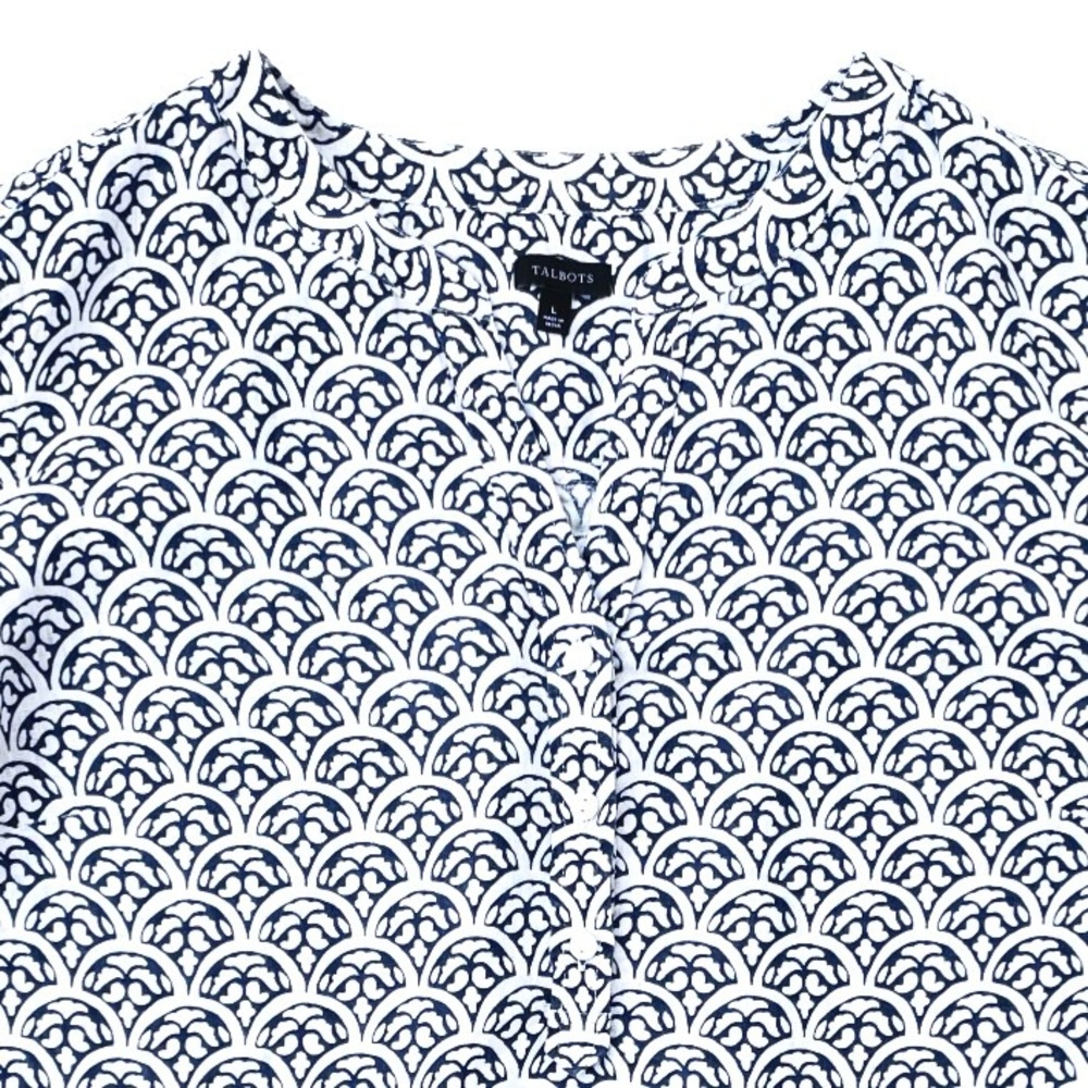 Talbots Linen Blouse, Lightweight Patterned Shirt, Blue & White, Size Large - Picture 3 of 10